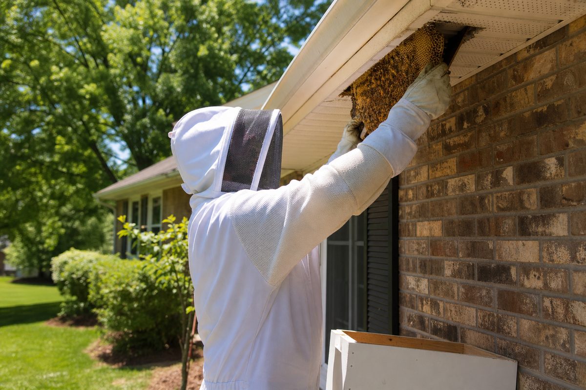 Technician removing bee hive from home